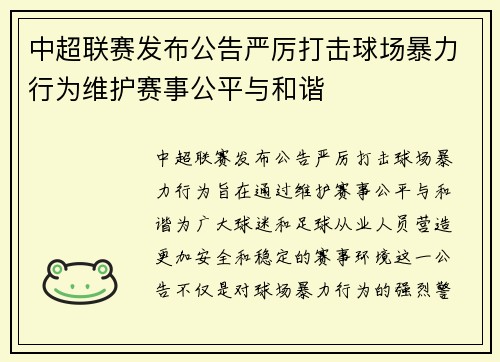 中超联赛发布公告严厉打击球场暴力行为维护赛事公平与和谐 中超联赛发布公告严厉打击球场暴力行为维护赛事公平与和谐