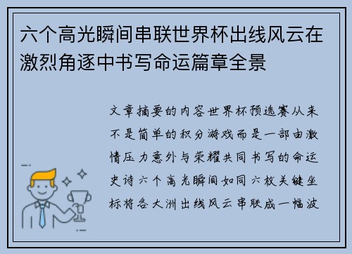 六个高光瞬间串联世界杯出线风云在激烈角逐中书写命运篇章全景 六个高光瞬间串联世界杯出线风云在激烈角逐中书写命运篇章全景